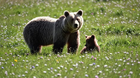 brown bear and cub in a flowery field