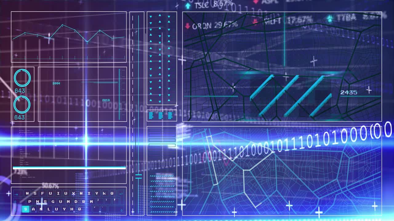 Blue scan line sweeping grid initiating HUD panels loading charts oscillating updating data streams