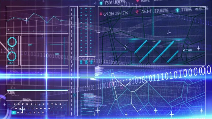 Blue scan line sweeping grid initiating HUD panels loading charts oscillating updating data streams