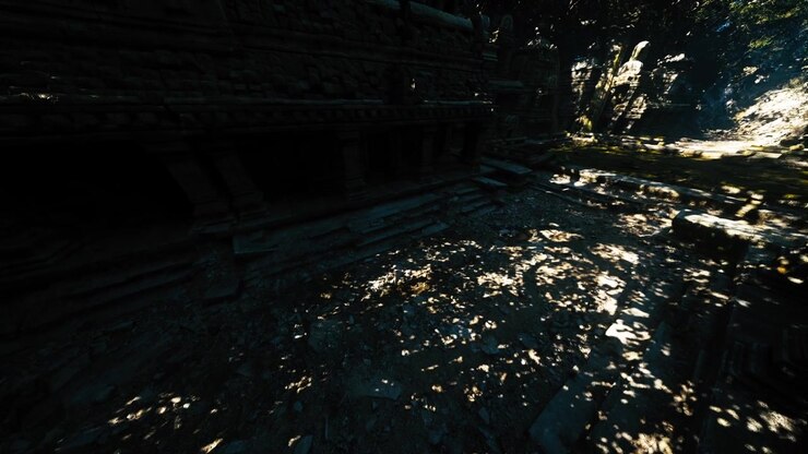 Exploring ancient ruins surrounded by lush greenery and mysterious shadows