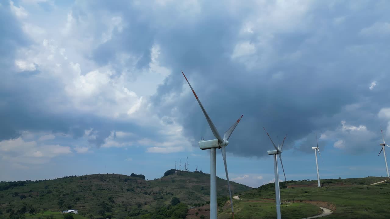 Drone view of wind farm on hills of Honduras, renewable energy and environmental innovation in Central America
