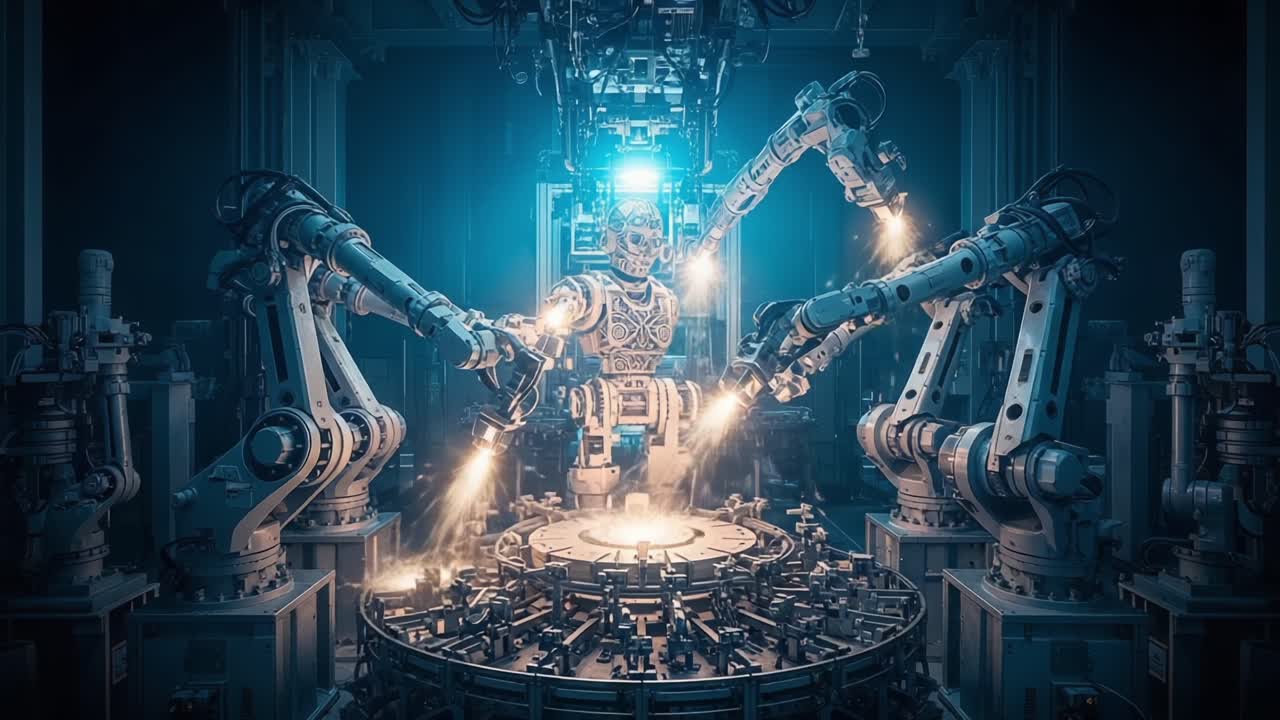 A Cutting-Edge Robotic Arm System in an Advanced Manufacturing Environment, Showcasing Precision Engineering and Automation at Work Amidst Sparks and Innovation