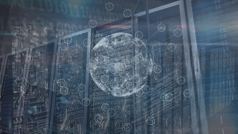 animation of network of connections with icons and globe over server room