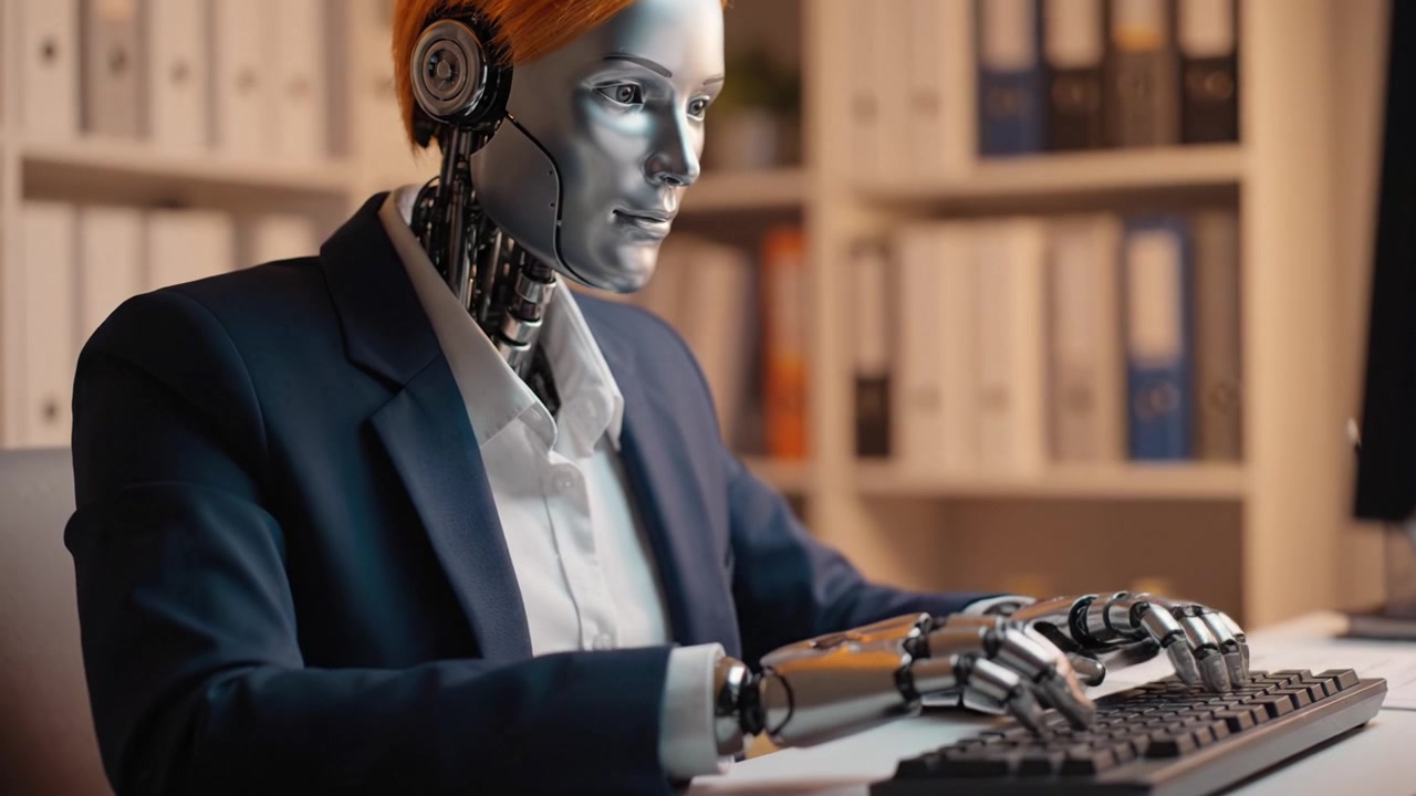 Un robot umanoide con corpo metallico e vivaci capelli arancioni, che digita su una tastiera in un moderno ambiente d'ufficio, integrando tecnologia e intelligenza artificiale.