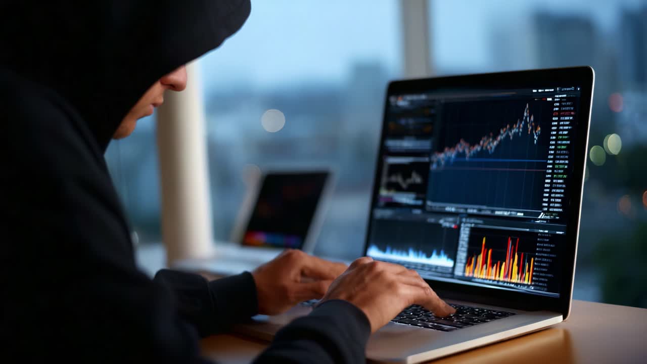 Persona concentrata che analizza dati finanziari su un laptop con grafici e diagrammi del mercato azionario, che mostra le complessità del day trading in una stanza scarsamente illuminata