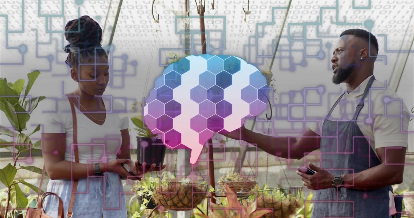 Vendor offering pot in nursery, woman comparing soil and tapping care app, man showing watering