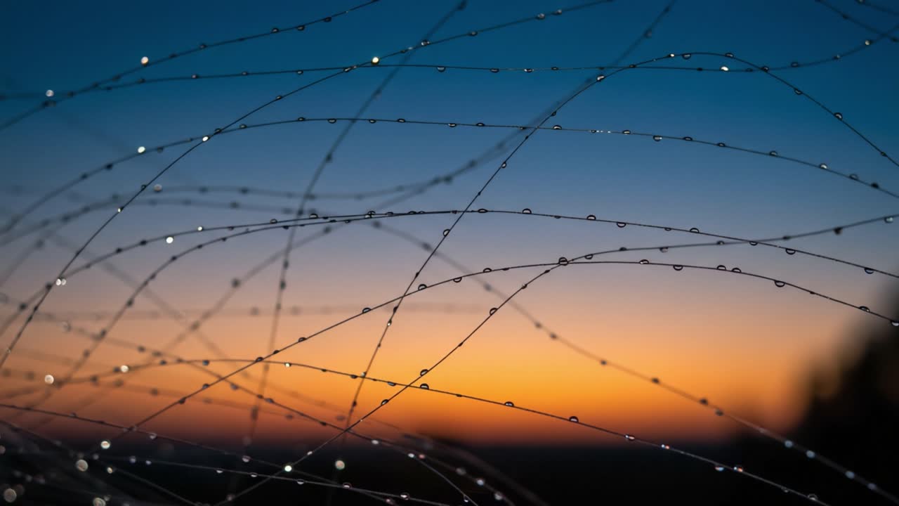 A serene dawn captures delicate strands of water droplets suspended in the air, glistening in the soft morning light against a beautiful gradient sky