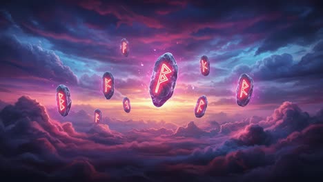 ethereal runes in a mystical sky: enchanted stones hovering amidst dramatic clouds and vibrant sunsets, illuminating the depths of imagination and fantasy