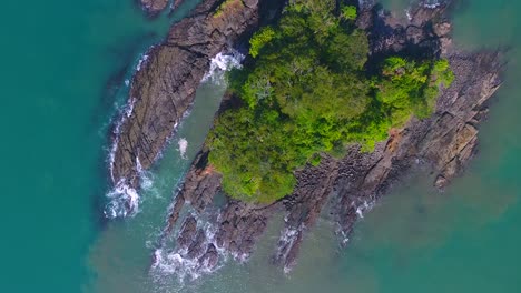 looking straight down on a tiny rocky island with a few trees and no beach or people to be seen for miles in panama