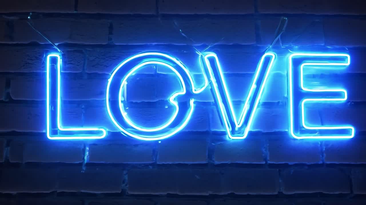 signo de amor de neón azul brillando contra una pared de ladrillo oscuro. perfecto para romance, temas urbanos o proyectos creativos que buscan una estética vibrante y moderna