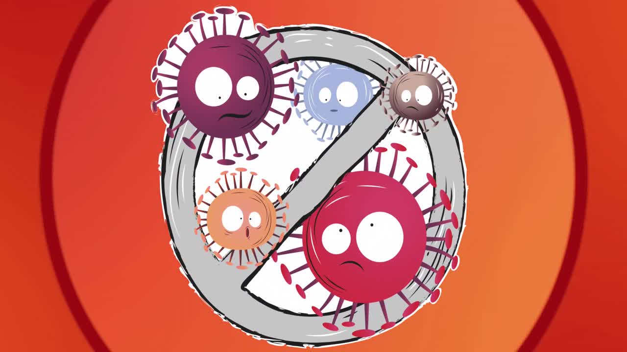 빨간색 배경에 바이러스 세포가 있는 금지 표지판의 애니메이션