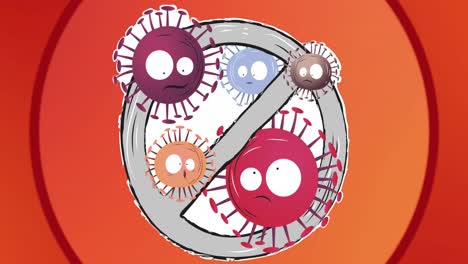 animación de un cartel de prohibición con células de virus sobre un fondo rojo