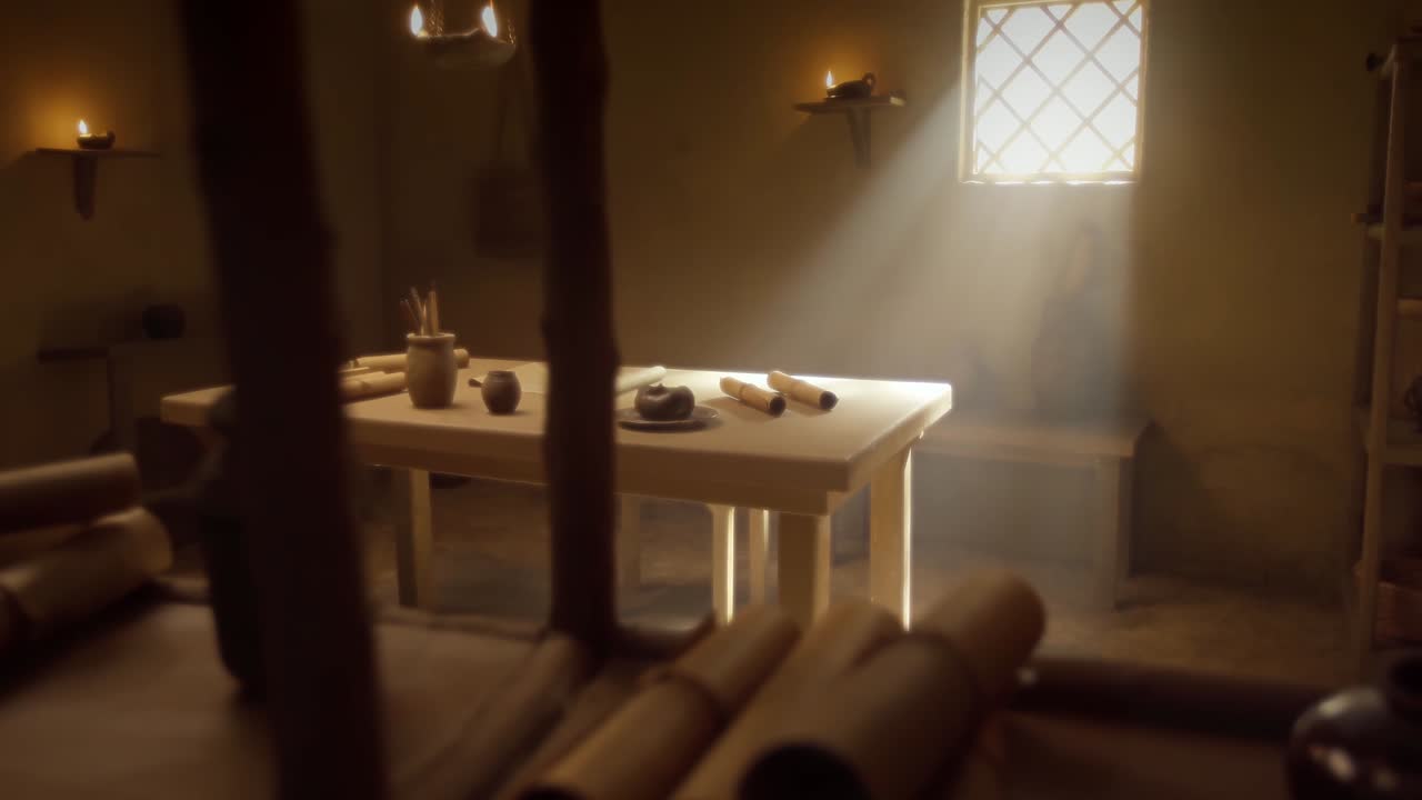 빛 에 있는 고대 연구실 의 내부