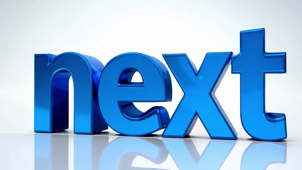 palabra metálica azul siguiente gira suavemente contra un fondo blanco limpio, creando un efecto visual moderno y dinámico