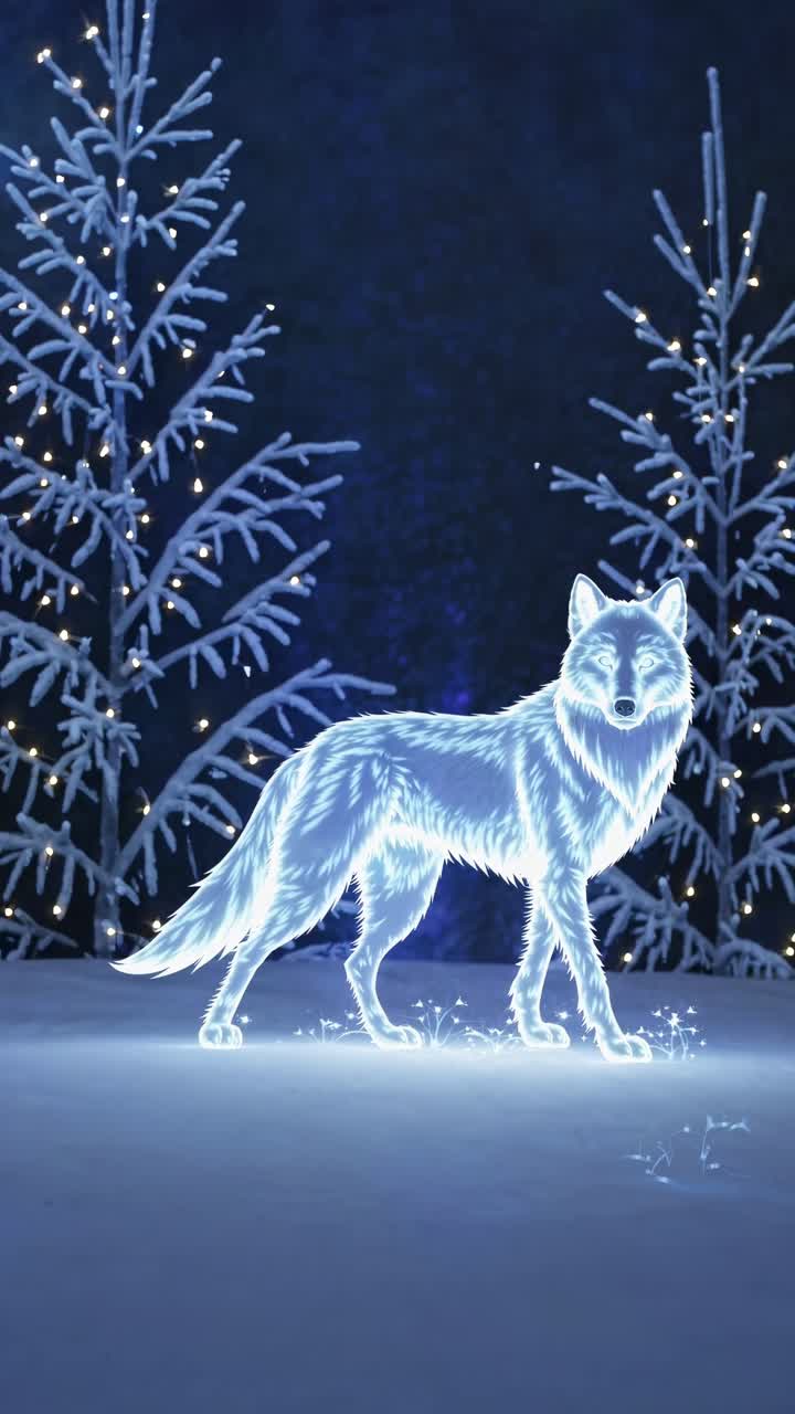 A glowing wolf stands in a snowy forest with illuminated trees