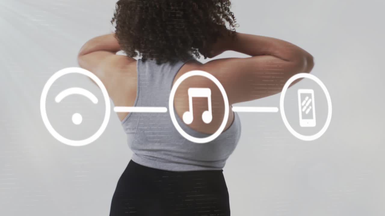 Woman posing fixing while flare causing tech Wi-Fi music phone icons floating over her showing sync