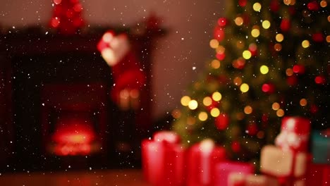 Video-composition-with-falling-snow-over-blurry-video-of-Christmas-tree-lights-and-presents-in-cozy-