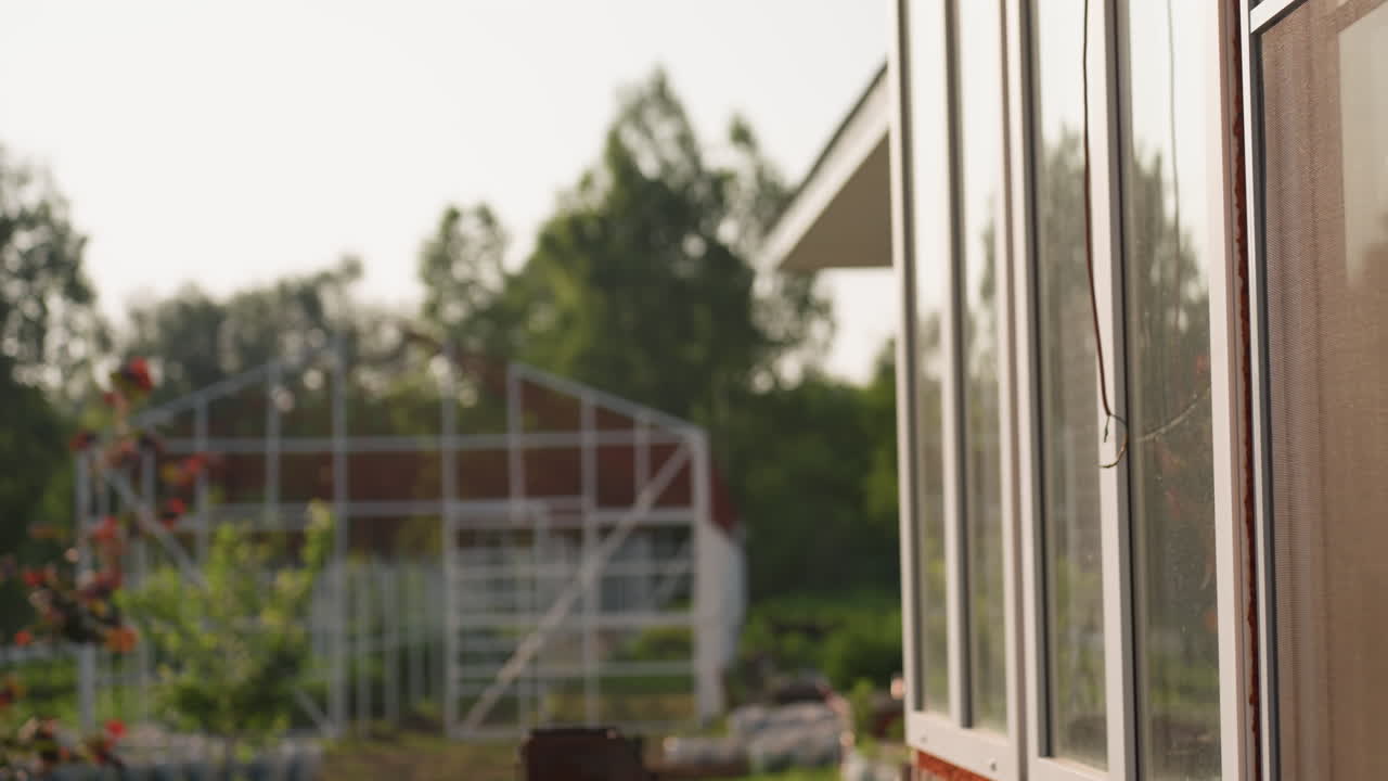 Side view of white framed glass windows reflecting lush garden foliage and metal frame structure outdoors, blurred trees in warm sunlight, focus on window panels and light reflections glass