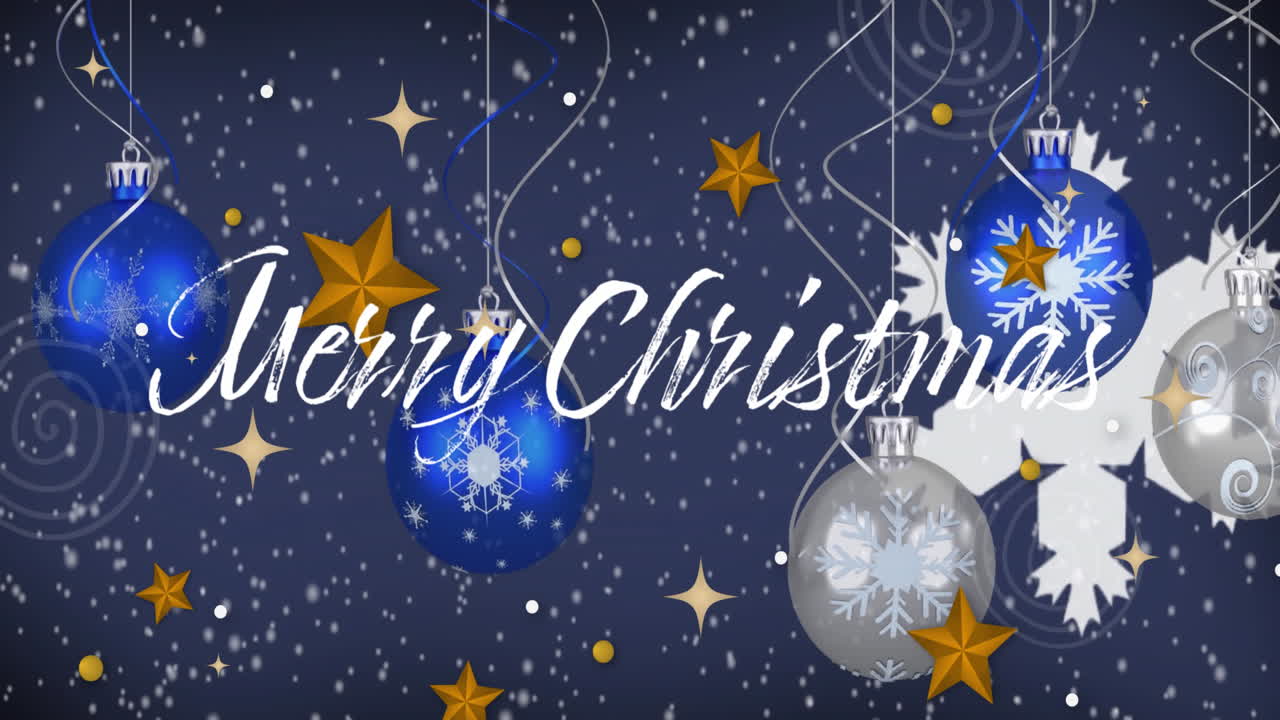 추상적인 배경 위에 매달린 구슬과 별과 함께 눈송이와 눈이 내리는 애니메이션