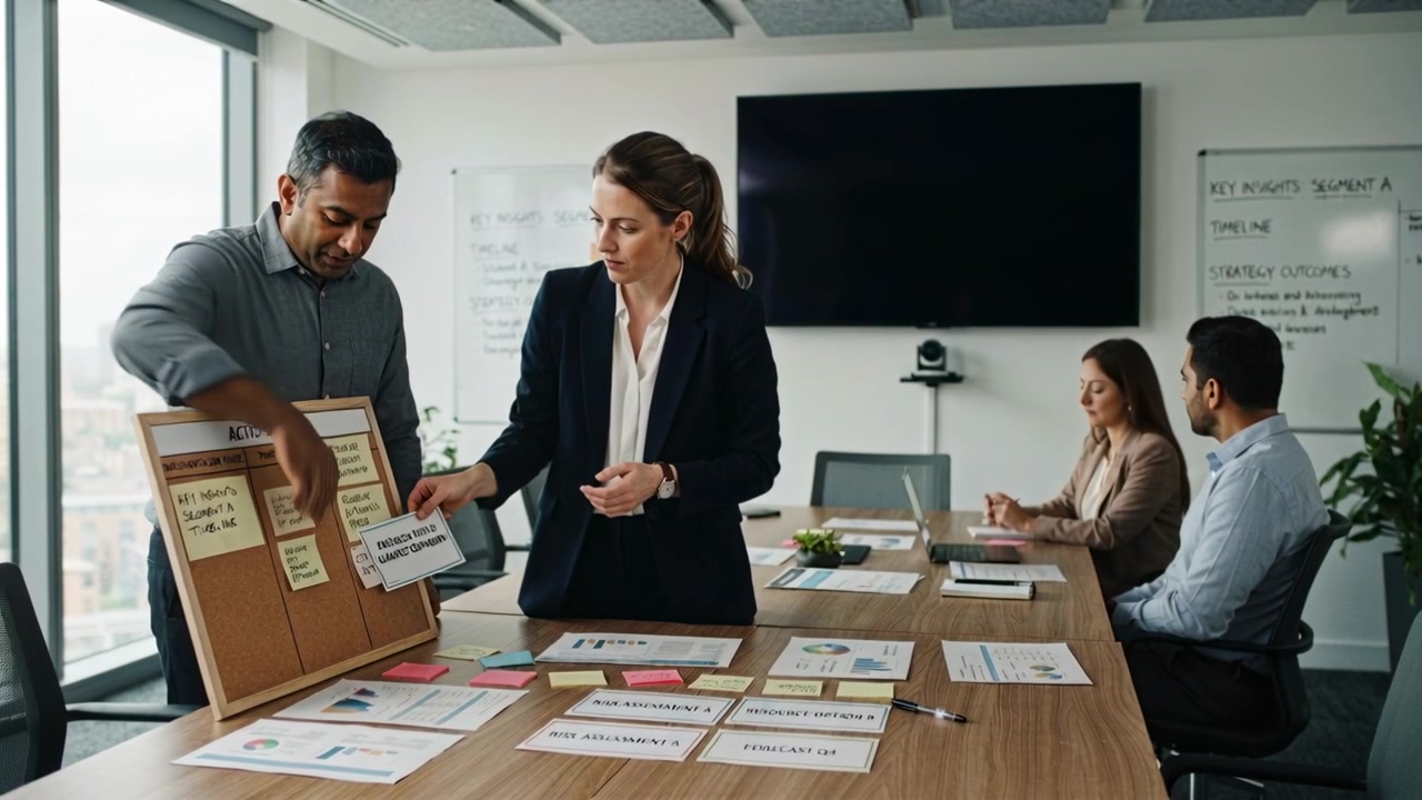 Standing team in suits starting meeting at table with cork board rearranging cards planning tasks