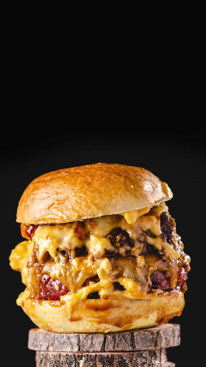 Appetizing burger with freshly baked buns fried patty under cheese and mayonnaise rotating fast on wooden stand against black background. Vertical orientation