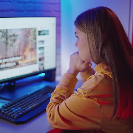 . girl using computer at home. young woman watching video on computer in room
