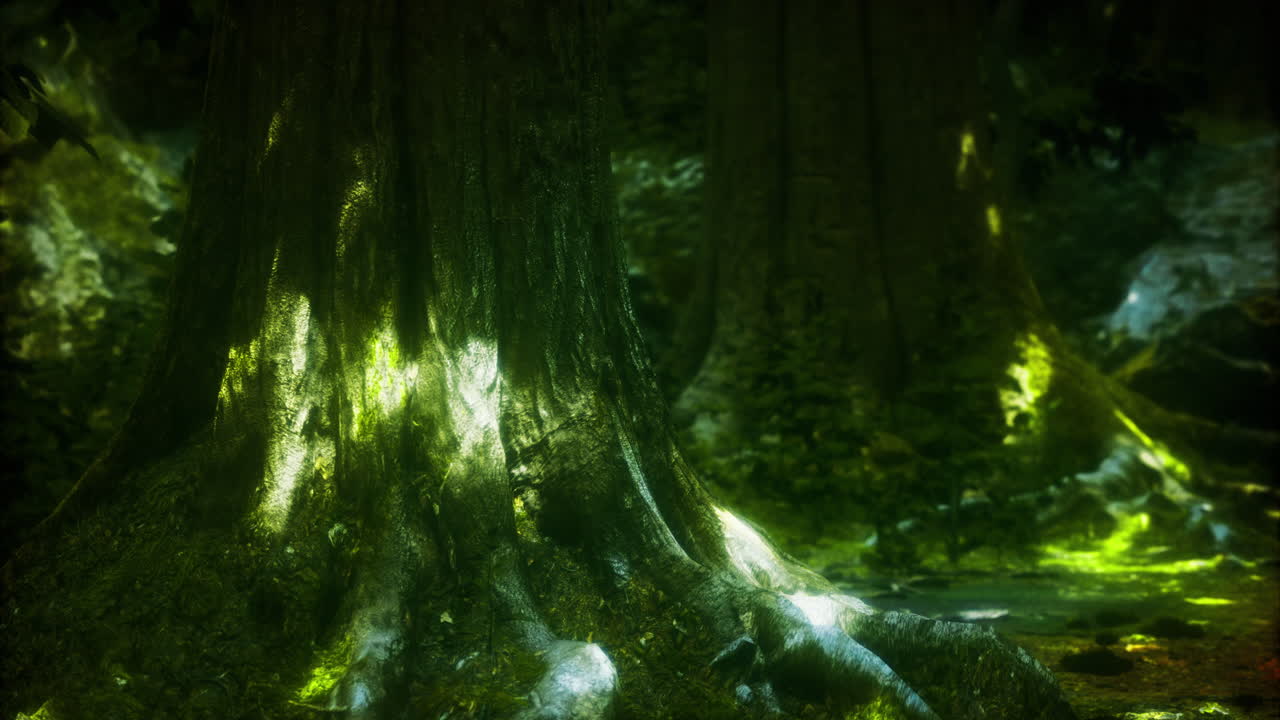 Majestic trees illuminated by sunlight in a tranquil forest setting