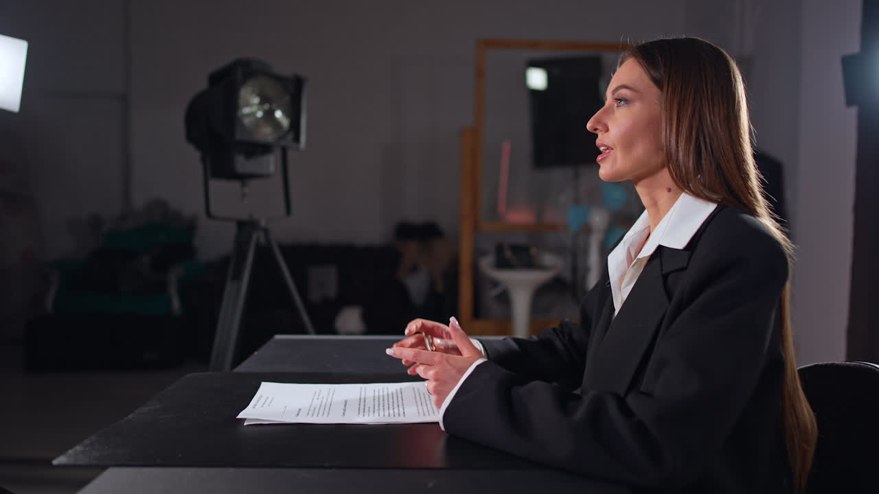 Confident long-haired lady in black jacket sits at desk. Reporter talks to camera in the light of soffits.
