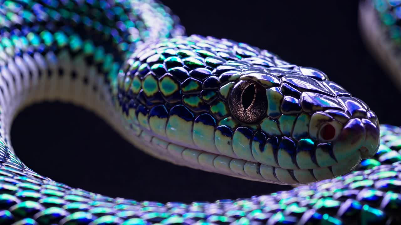 Video ravvicinato di un serpente con squame iridescenti, ripreso da una angolazione bassa
