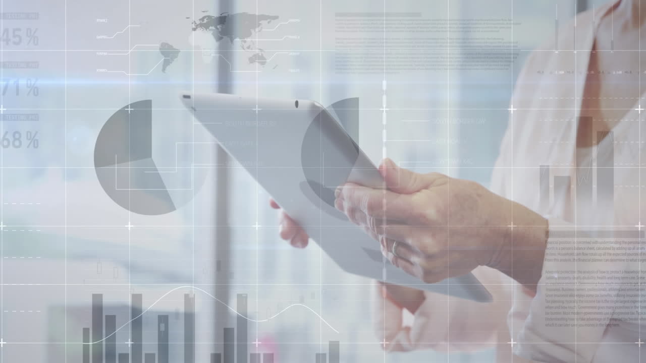 Animation of financial graphs and data over caucasian woman working on tablet in office