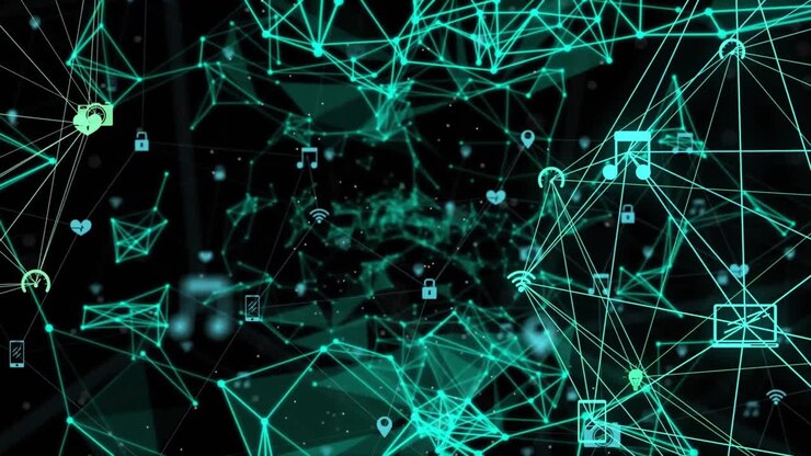 Animation of network of connections with icons over shapes