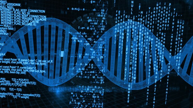 Animation of binary coding digital data processing over dna strand