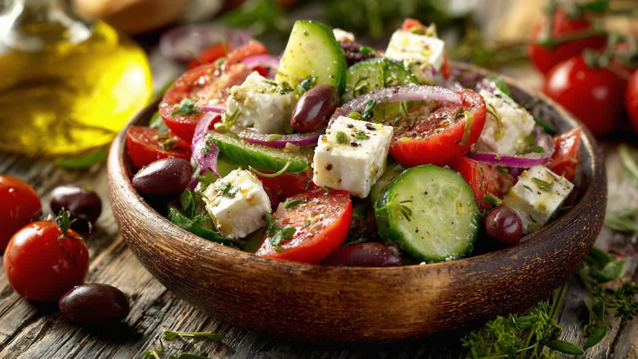 A Fresh and Colorful Greek Salad with Feta Cheese, Olives, and Vibrant Vegetables, Perfectly Tossed for a Healthy and Delicious Meal