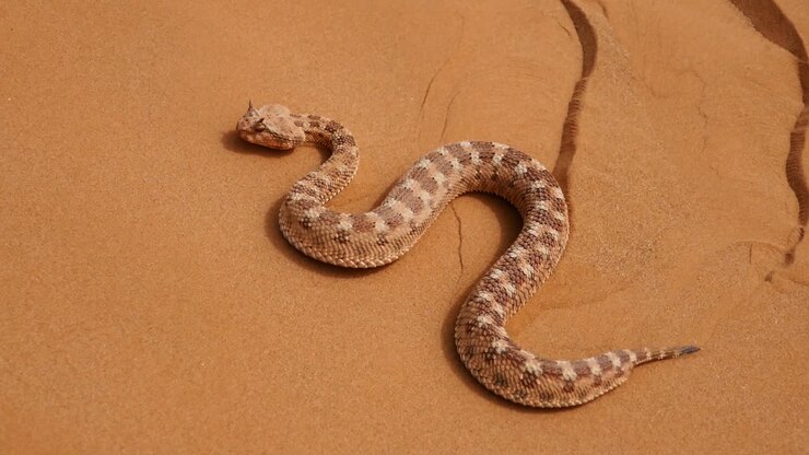 Close up of saharan horned viper slithering on sand. Tracking shot
