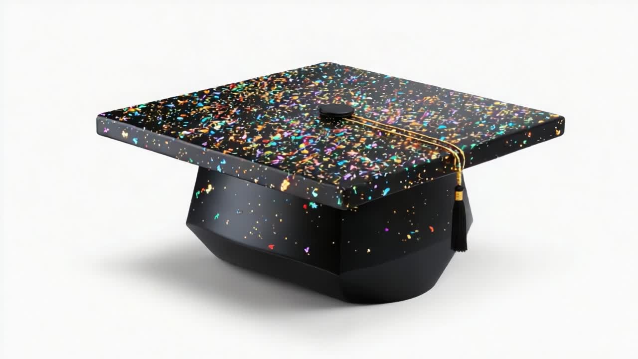 A stunningly designed graduation cap adorned with radiant confetti patterns, showcasing a blend of colors that symbolize achievement and celebration in education