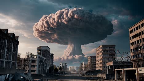 the impressive devastation observed after a catastrophic nuclear explosion in an urban landscape