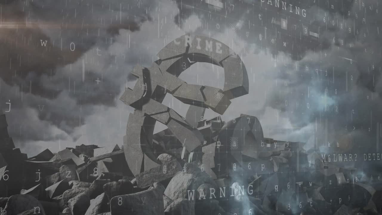 Digital animation of online security data processing over broken euro symbol against night sky