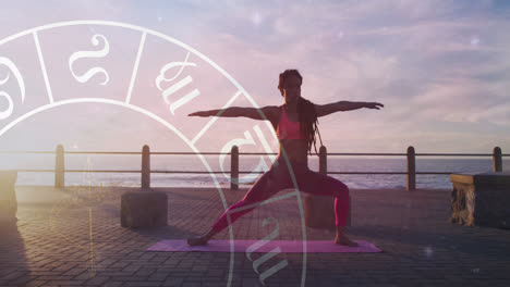 animation of horoscope over biracial woman stretching on promenade