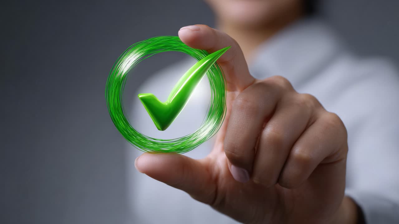 A person holding a green check mark inside a circular design, symbolizing approval, success, and sustainability in a modern and professional context