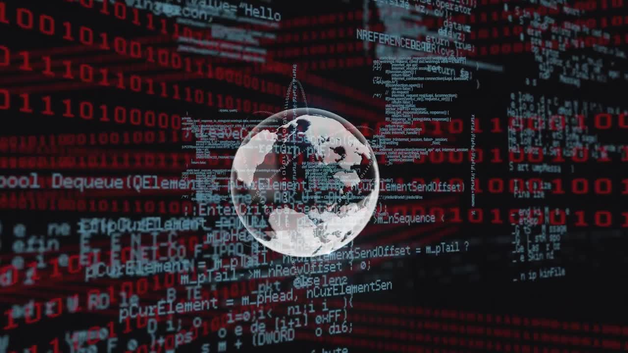 Animation of globe over data processing on black background
