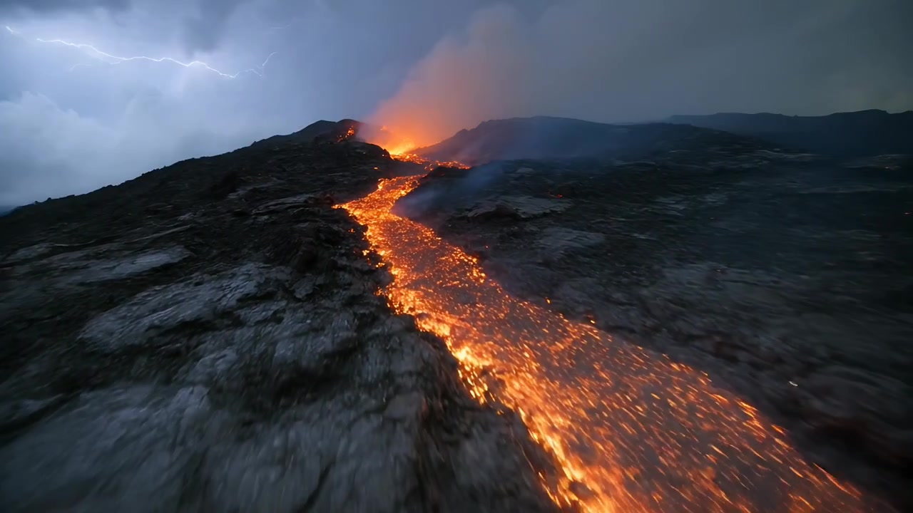 Sfiato che erutta spingendo un canale di lava fusa in discesa verso la telecamera su un campo di lava, con rivoli incandescenti.