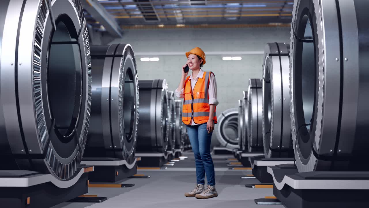 полный боковой вид тела азиатской женщины-инженера с защитным шлемом, разговаривающей на смартфоне, стоя на металлургическом заводе