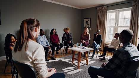 a group therapy session in a cozy room, captured from a wide-angle view