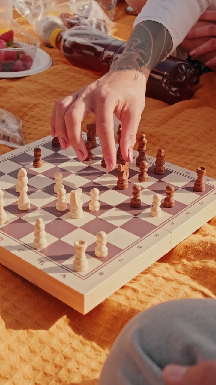 Friends Playing Chess at a Picnic