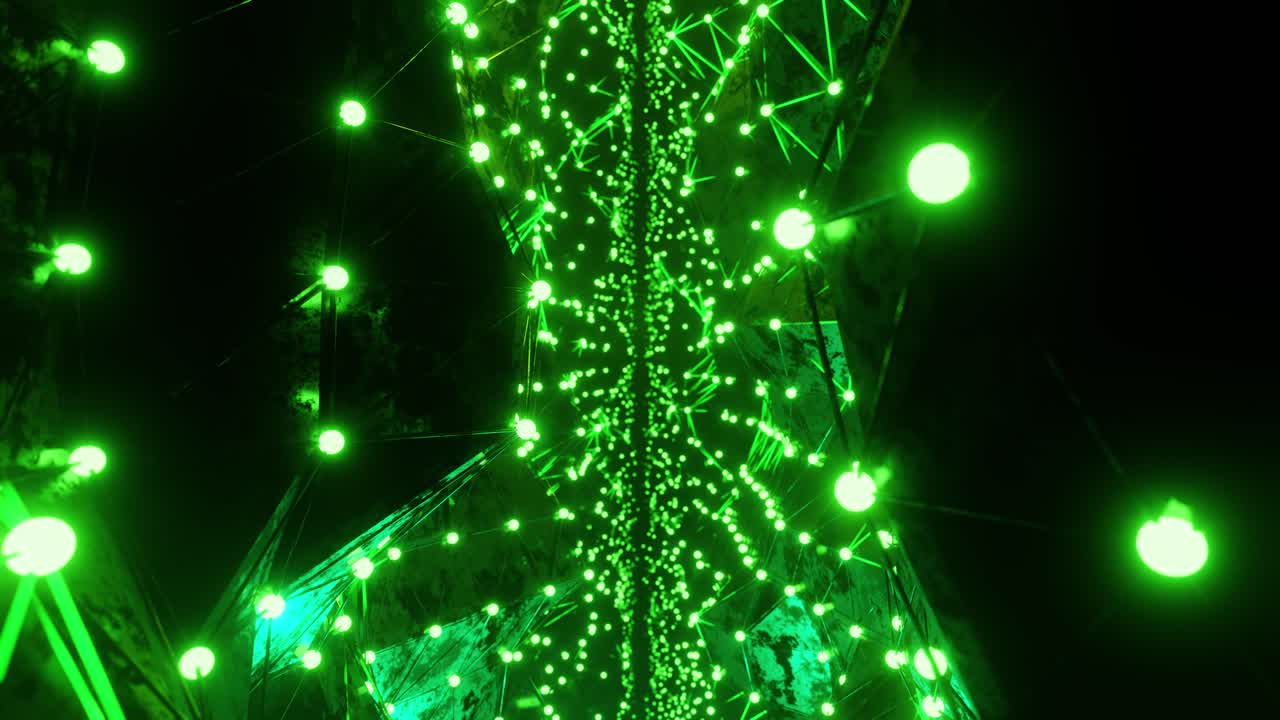 3D render animation of tunnel with green geometric neon illumination