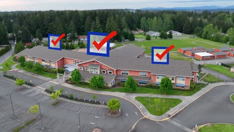 aerial view of a public building with voting checkmarks appearing overhead