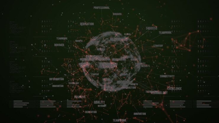 Animation of connected dots forming shapes and multiple texts around globe with loading bars