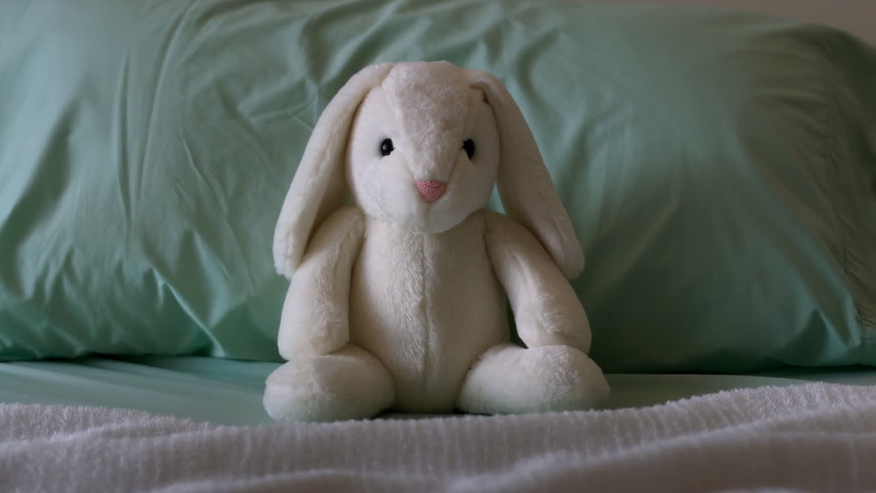 White Stuffed Bunny on a Bed with Green Pillow