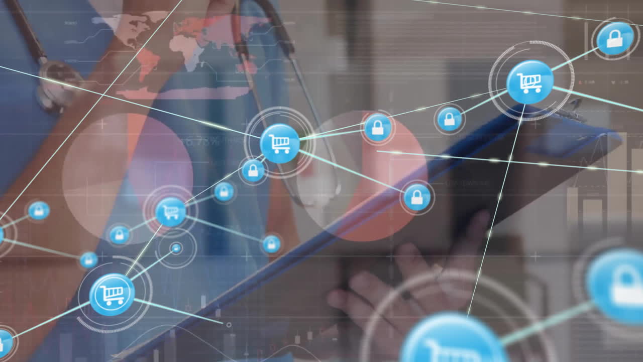 카우카스 여성 의사 글을 통해 아이콘과 연결 네트워크의 애니메이션