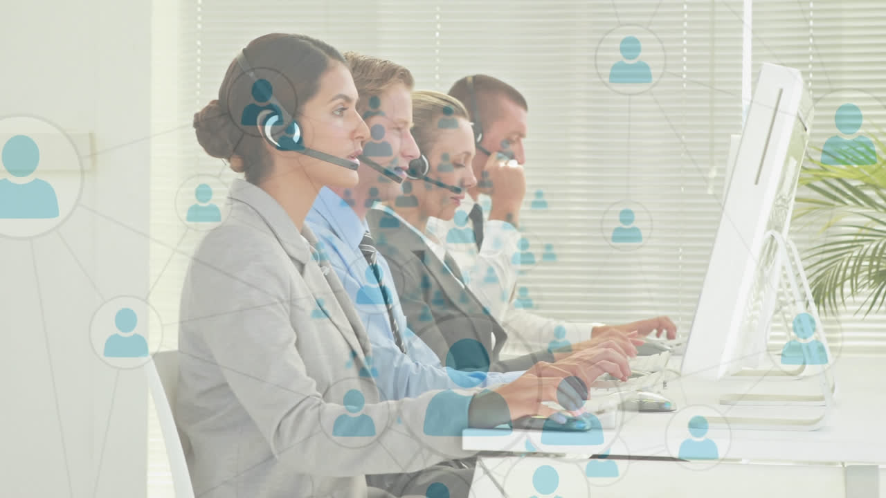 전화 헤드 ⁇ 을 착용 한 사업가 들 을 통한 연결 네트워크 의 애니메이션